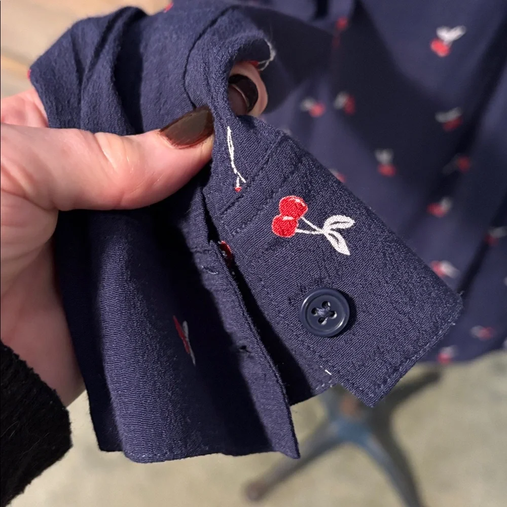 Rails Navy Cherry Design Button-Up Long Sleeve Lightweight Blouse - Picture 8 of 11